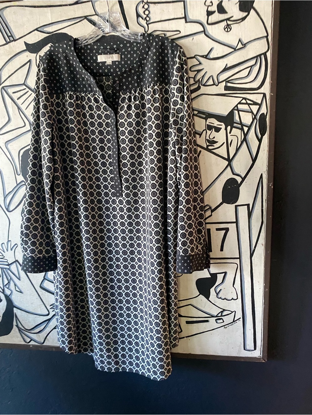 LOFT Charcoal and White Midi Tunic Dress with Geometric Print